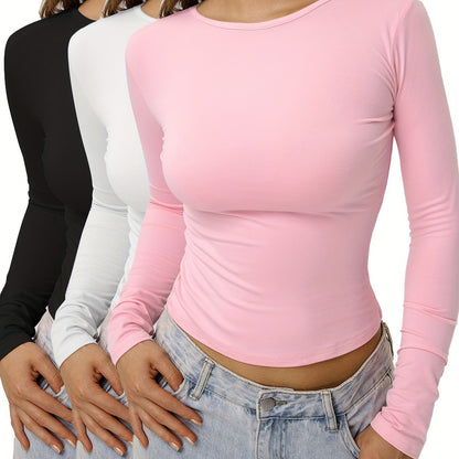 3Pcs T-shirts décontractés de base de couleur unie, col rond manches longues t-shirts de sport légèrement extensibles, hauts pour femmes