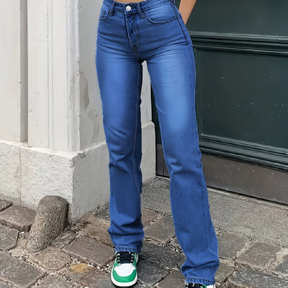 Jean droit délavé léger taille haute, pantalon en denim décontracté ample à poche coupée, jeans et vêtements en denim pour femmes