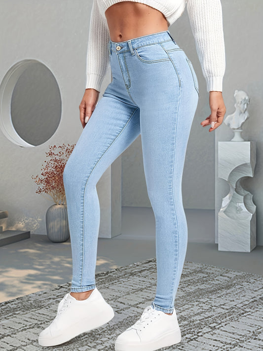 Jean skinny bleu coupe slim, coupe slim à poches obliques très extensibles, pantalon en denim taille haute, jeans et vêtements en denim pour femme