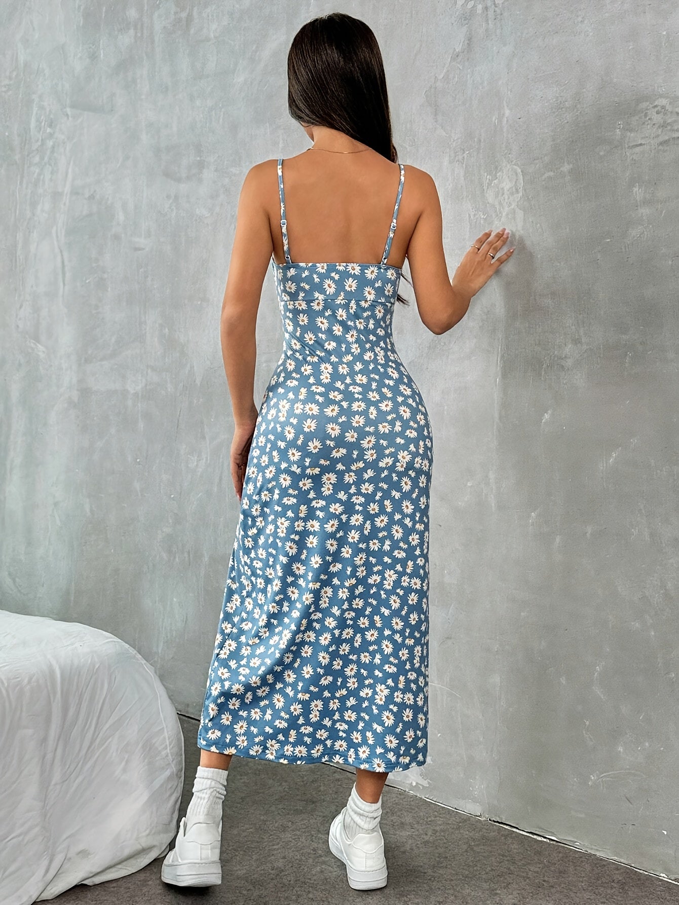 Robe longue chic à imprimé floral fendu pour femmes - Style de vacances décontracté, mélange de polyester extensible, lavable en machine, tricot, rayures