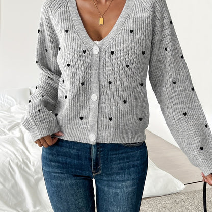 Élégant cardigan en tricot à col en V pour femme avec motif de cœur brodé, manches longues, longueur courte, polyester, pull mode toutes saisons