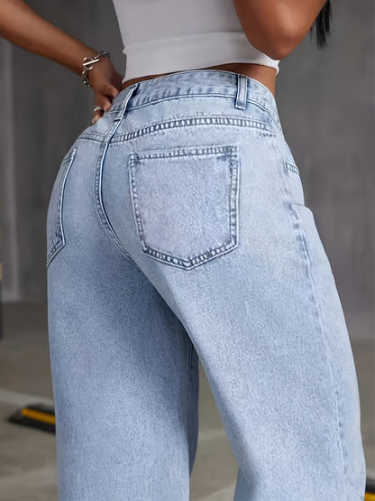 Mode féminine Jean droit slim confortable et extensible, jeans délavés flocon de neige toutes saisons