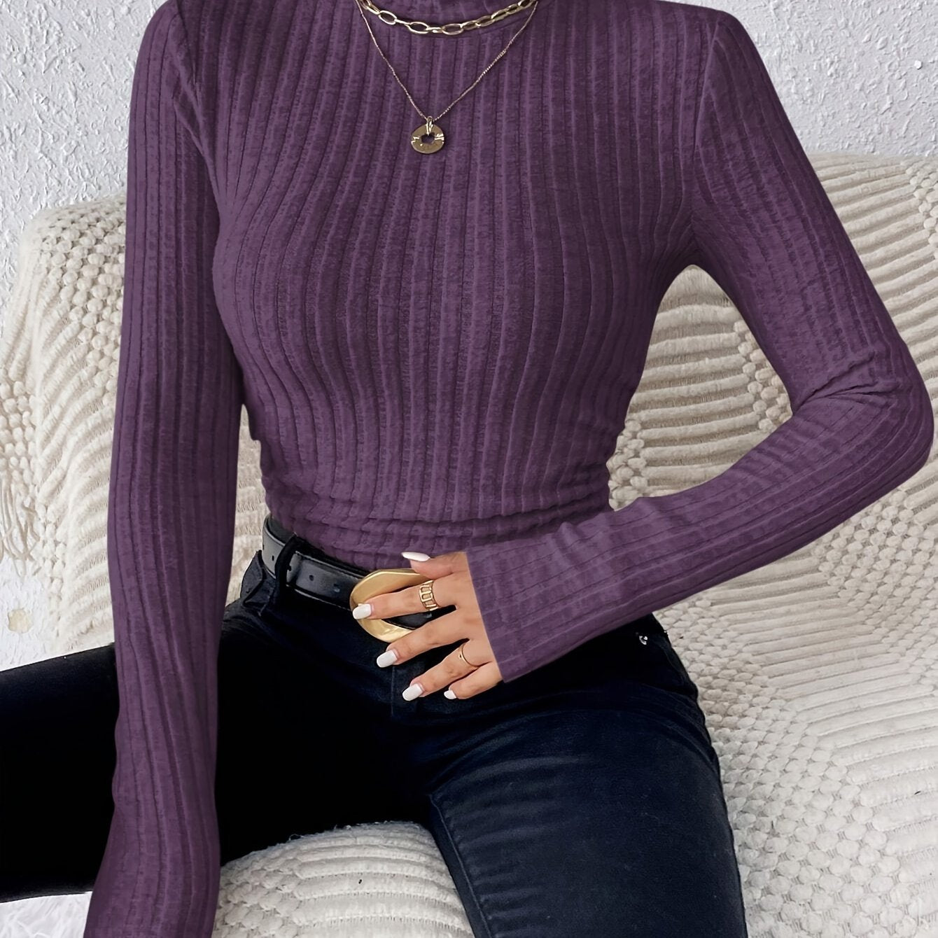 Pull mince à col roulé, élégant pull à manches longues de couleur unie pour l’automne et l’hiver, vêtements pour femmes