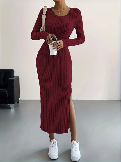 Élégante robe midi en maille côtelée marron pour femme - manches longues, col rond avec fente haute, design moulant, lavable en machine - idéal pour l’automne/hiver