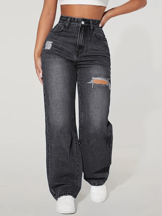 Jean droit taille haute taille haute femme - Denim stretch confortable avec détail déchiré, style décontracté, lavable en machine - Bleu foncé