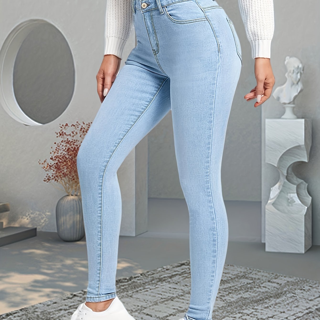 Jean skinny bleu coupe slim, coupe slim à poches obliques très extensibles, pantalon en denim taille haute, jeans et vêtements en denim pour femme