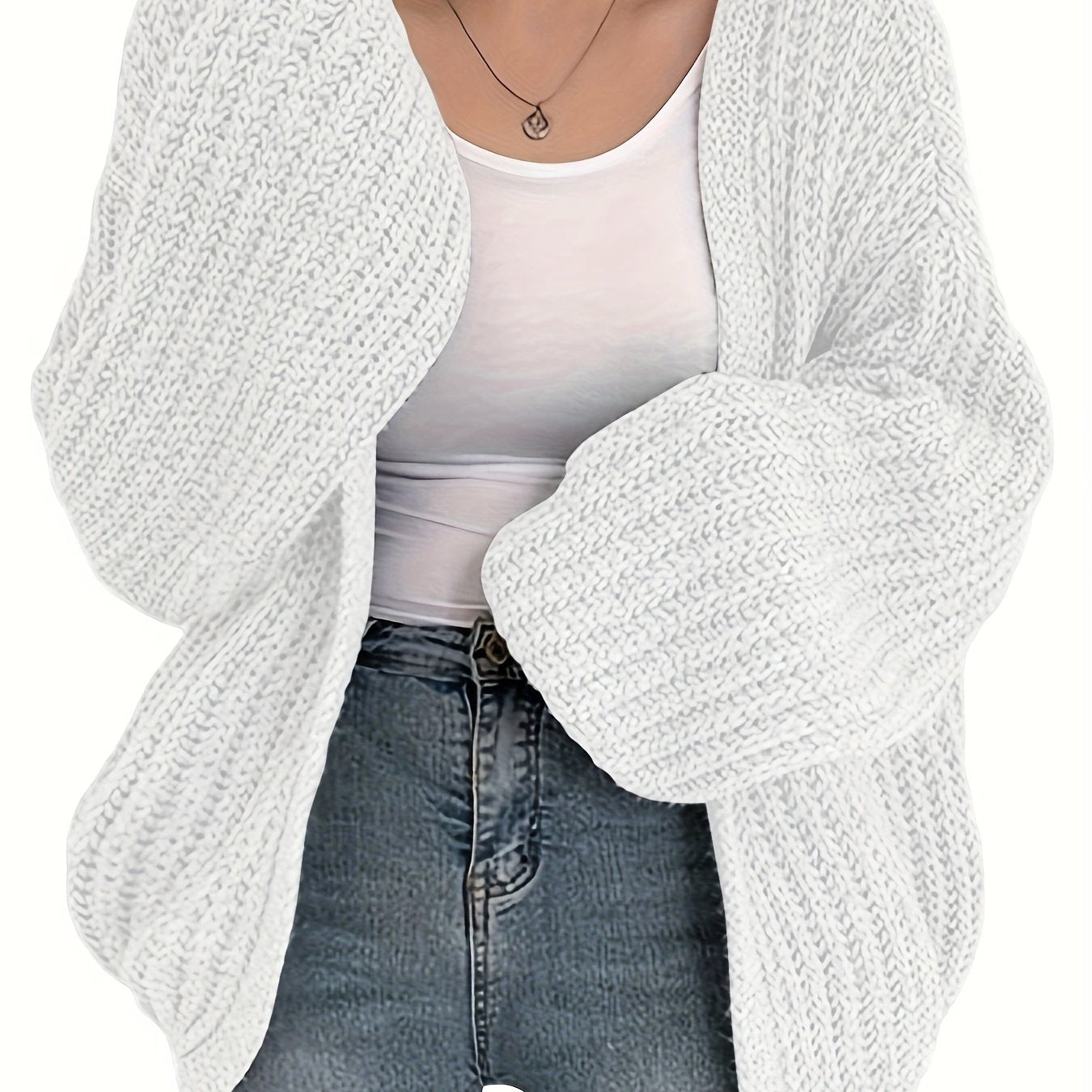 Cardigan décontracté à col en V pour femme, tricot épais 100 % acrylique, pull ample de couleur unie, tissu en tricot à manches ballon toutes saisons, 56g / m² - Cozy & Stylish