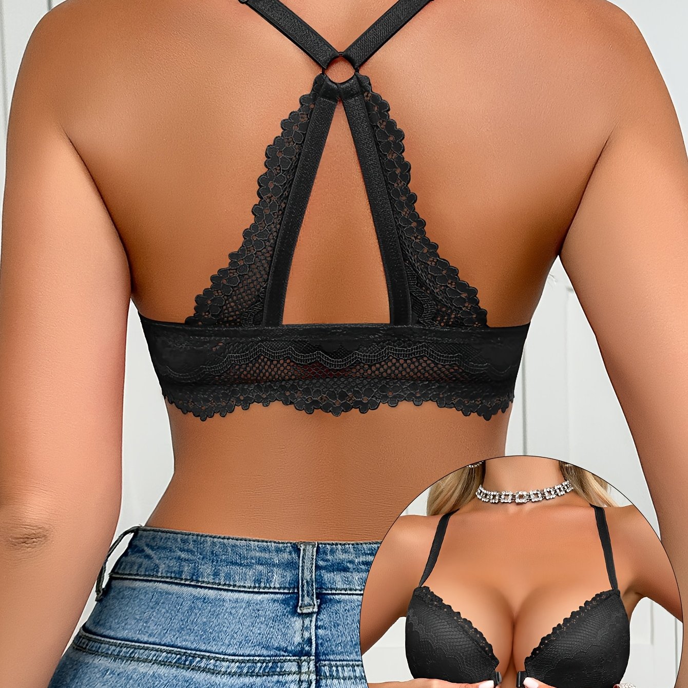 Soutien-gorge sexy en dentelle pour femmes avec fermeture sur le devant, coussinets non amovibles, armatures - mélange de nylon et d’élasthanne, lavable à la main, push-up, polyvalent