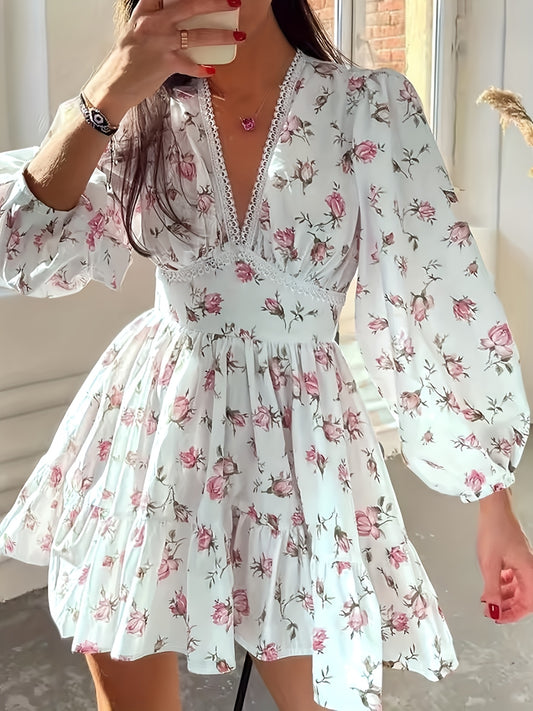 Robe chic à col en V garnie de dentelle florale - Manches longues, mélange de polyester non extensible, lavable en machine - parfaite pour le printemps/été/automne