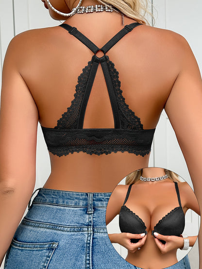 Soutien-gorge sexy en dentelle pour femmes avec fermeture sur le devant, coussinets non amovibles, armatures - mélange de nylon et d’élasthanne, lavable à la main, push-up, polyvalent