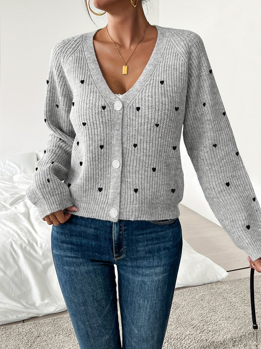 Élégant cardigan en tricot à col en V pour femme avec motif de cœur brodé, manches longues, longueur courte, polyester, pull mode toutes saisons