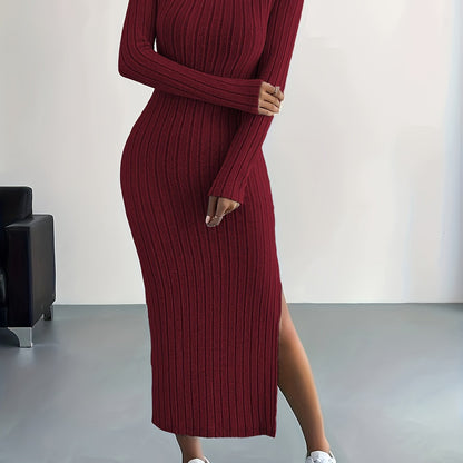 Élégante robe midi en maille côtelée marron pour femme - manches longues, col rond avec fente haute, design moulant, lavable en machine - idéal pour l’automne/hiver