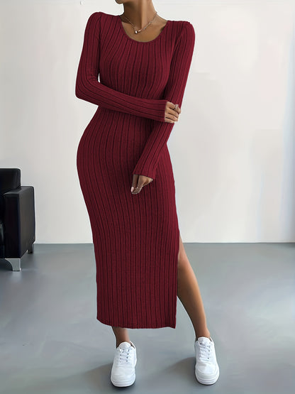 Élégante robe midi en maille côtelée marron pour femme - manches longues, col rond avec fente haute, design moulant, lavable en machine - idéal pour l’automne/hiver