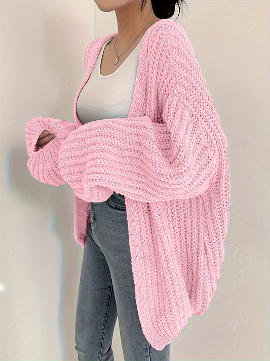 Cardigan décontracté à col en V pour femme, tricot épais 100 % acrylique, pull ample de couleur unie, tissu en tricot à manches ballon toutes saisons, 56g / m² - Cozy & Stylish