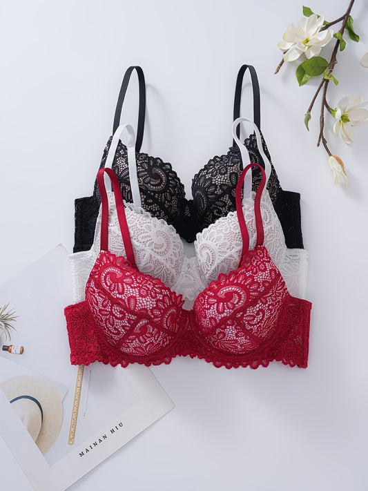 Ensemble de soutien-gorge contrasté en dentelle élégant trois pièces, confortable et respirant, parfait pour les tenues de la Saint-Valentin et de Noël