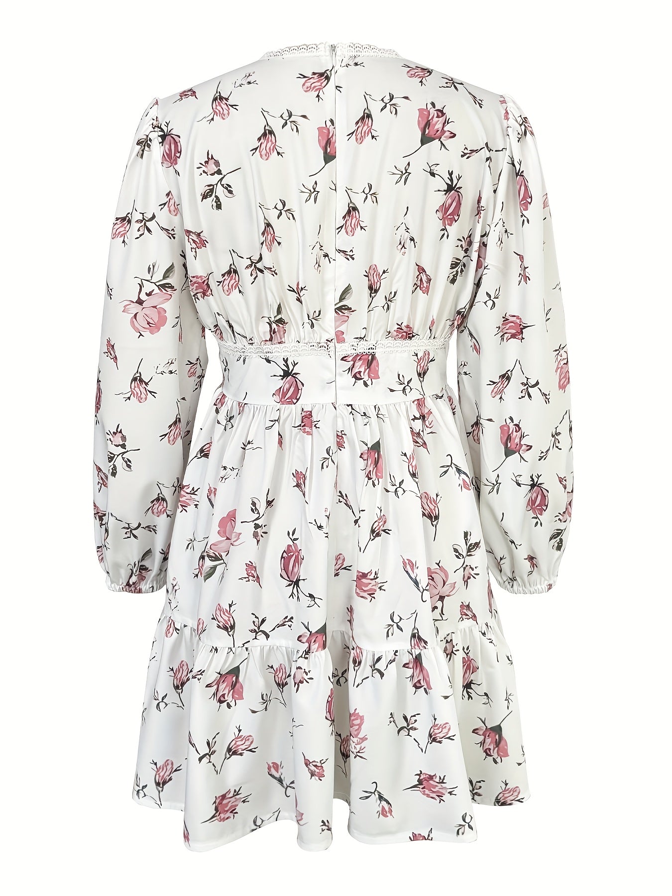 Robe chic à col en V garnie de dentelle florale - Manches longues, mélange de polyester non extensible, lavable en machine - parfaite pour le printemps/été/automne