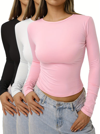 3Pcs T-shirts décontractés de base de couleur unie, col rond manches longues t-shirts de sport légèrement extensibles, hauts pour femmes