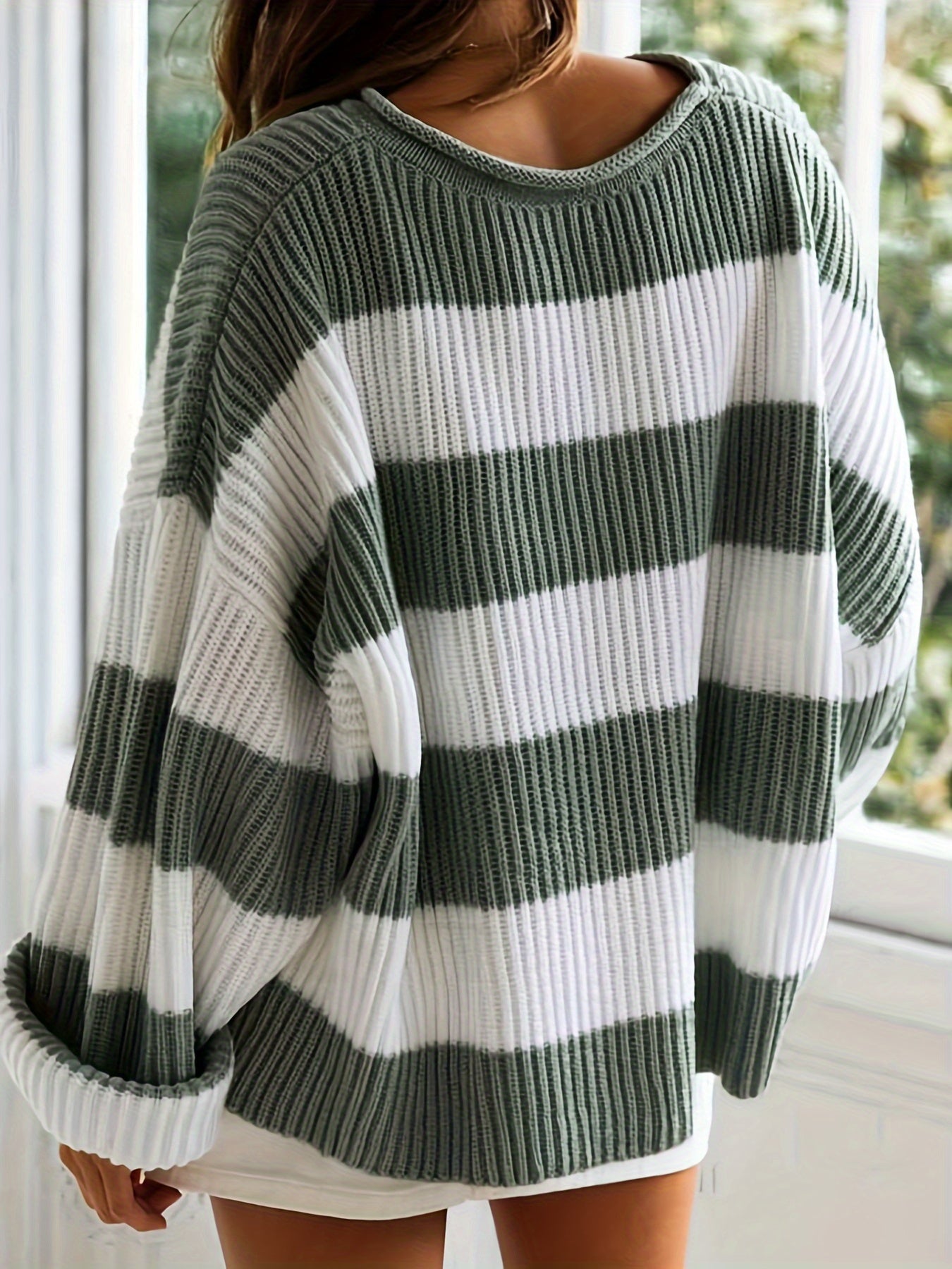 Pull à col rond rayé pour femmes - Haut en tricot acrylique côtelé décontracté à manches longues et épaules tombantes avec légère élasticité - Tricots amples à la mode pour toutes les saisons