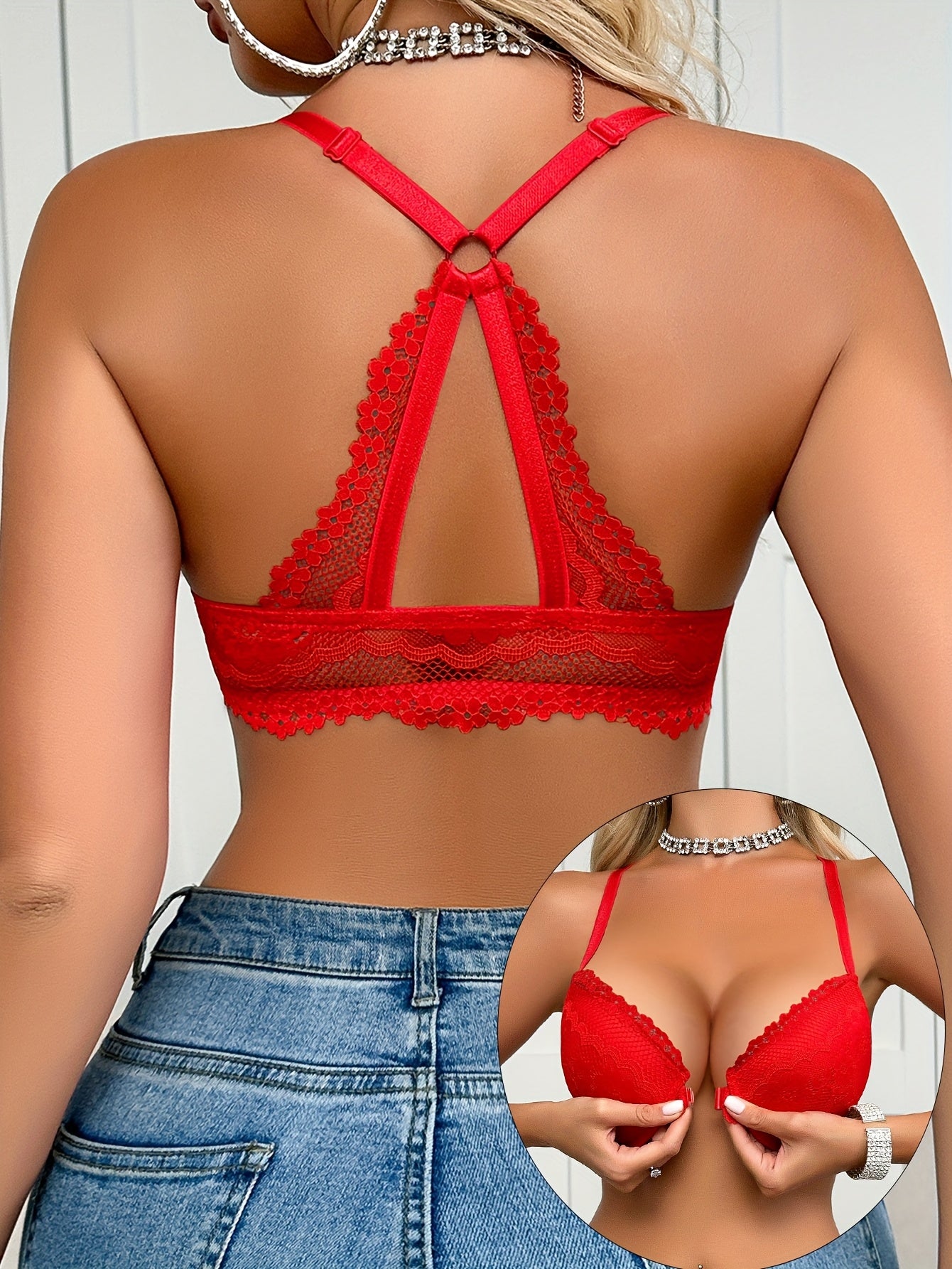 Soutien-gorge sexy en dentelle pour femmes avec fermeture sur le devant, coussinets non amovibles, armatures - mélange de nylon et d’élasthanne, lavable à la main, push-up, polyvalent