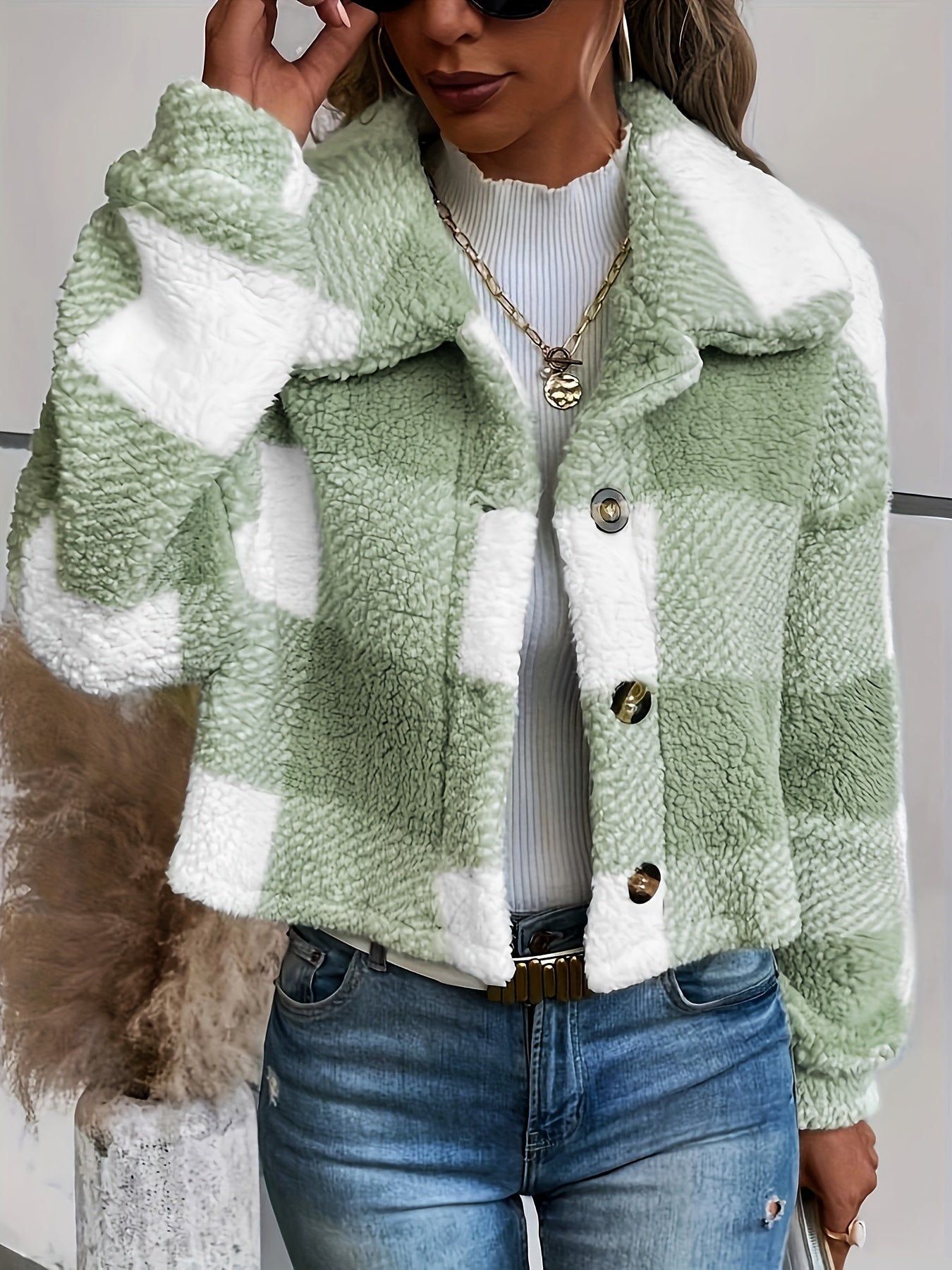 Manteau en peluche boutonné à carreaux sur le devant, Vêtements d’extérieur thermiques d’hiver polyvalents à manches longues, Vêtements pour femmes