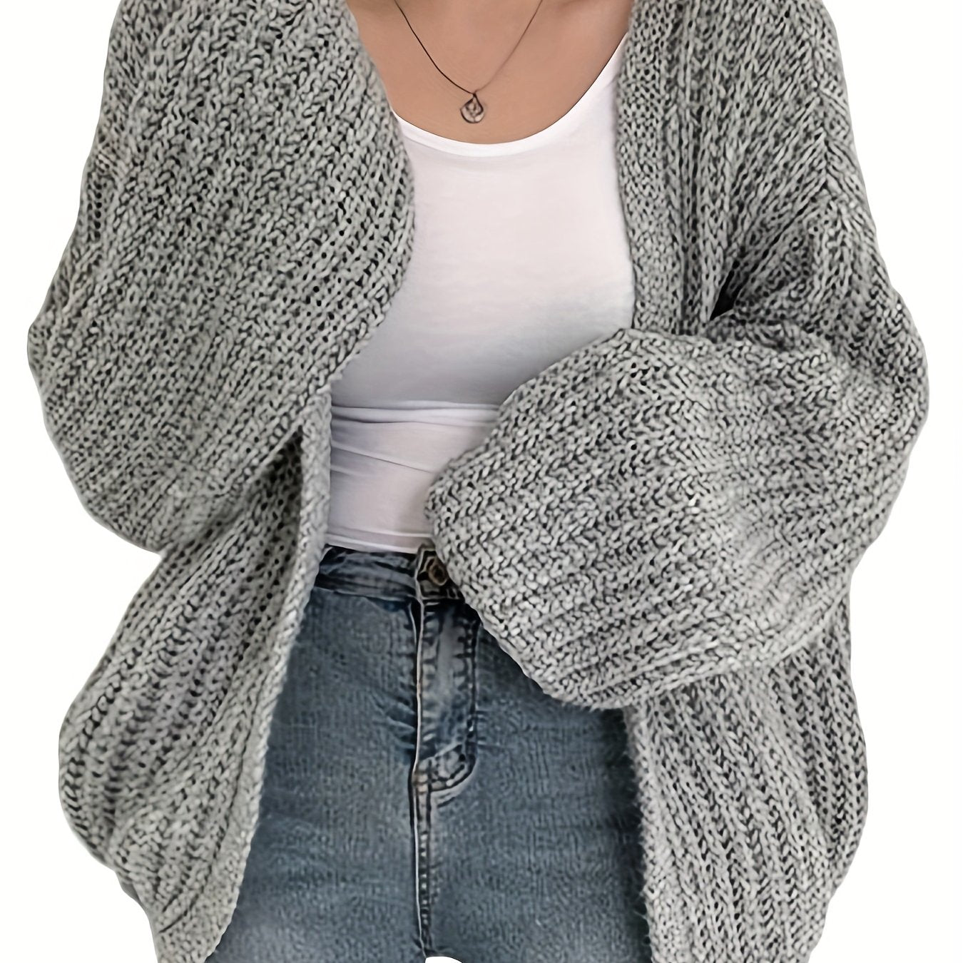 Cardigan décontracté à col en V pour femme, tricot épais 100 % acrylique, pull ample de couleur unie, tissu en tricot à manches ballon toutes saisons, 56g / m² - Cozy & Stylish