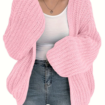 Cardigan décontracté à col en V pour femme, tricot épais 100 % acrylique, pull ample de couleur unie, tissu en tricot à manches ballon toutes saisons, 56g / m² - Cozy & Stylish