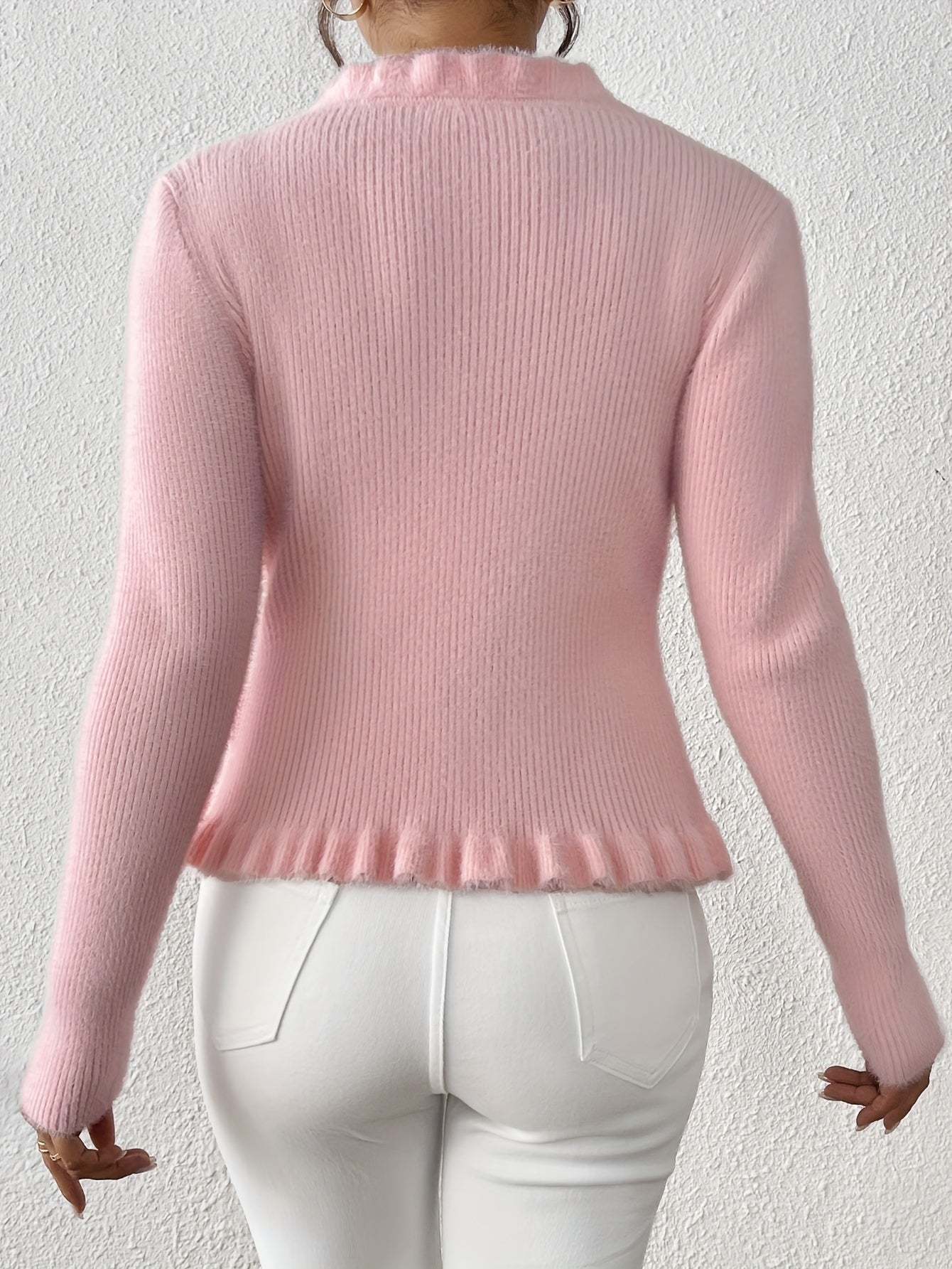 Élégant cardigan tricoté en dentelle rose avec boutons et couleur unie pour les femmes