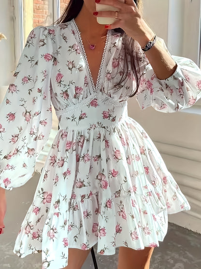 Robe chic à col en V garnie de dentelle florale - Manches longues, mélange de polyester non extensible, lavable en machine - parfaite pour le printemps/été/automne